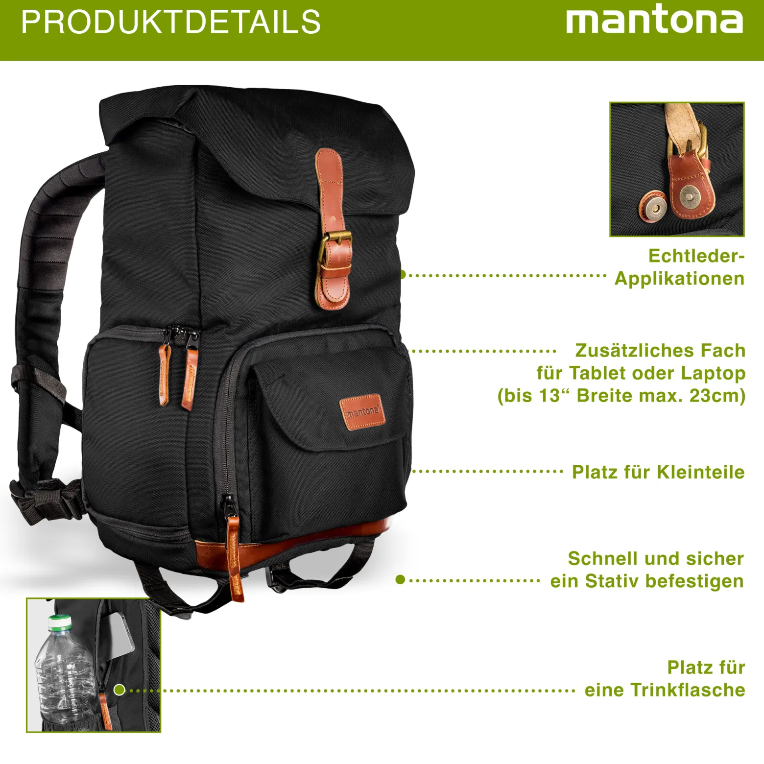 Mantona Luis junior Retro Fotorucksack schwarz mit Leder, Kamerarucksack inkl. Regenschutzhülle, Fototasche mit Laptopfach, Backpack geeignet für 1x DSLR-Kamera, 1-2 Objektive, diverses Fotozubehör