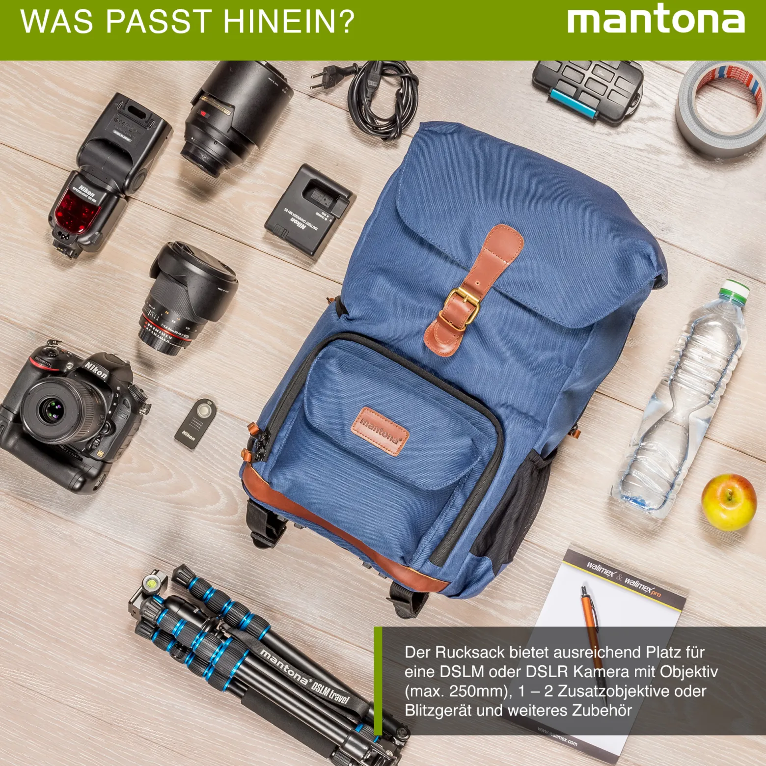Mantona Luis junior Retro Fotorucksack blau mit Leder, Kamerarucksack inkl. Regenschutzhülle, Fototasche mit Laptopfach, Backpack geeignet für 1 x DSLR-Kamera, 1-2 Objektive und diverses Fotozubehör