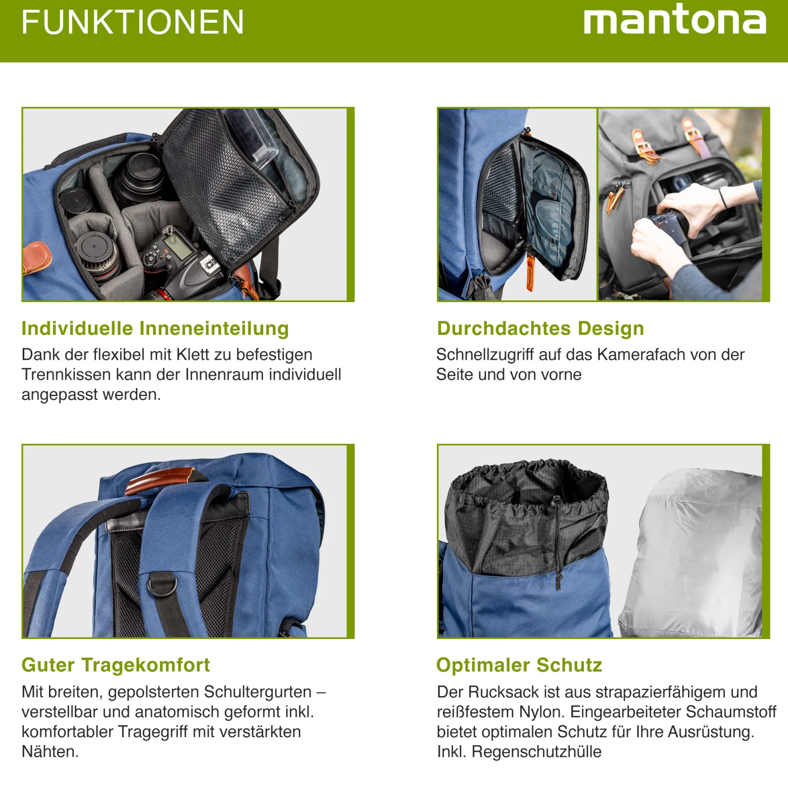 Mantona Luis junior Retro Fotorucksack blau mit Leder, Kamerarucksack inkl. Regenschutzhülle, Fototasche mit Laptopfach, Backpack geeignet für 1 x DSLR-Kamera, 1-2 Objektive und diverses Fotozubehör