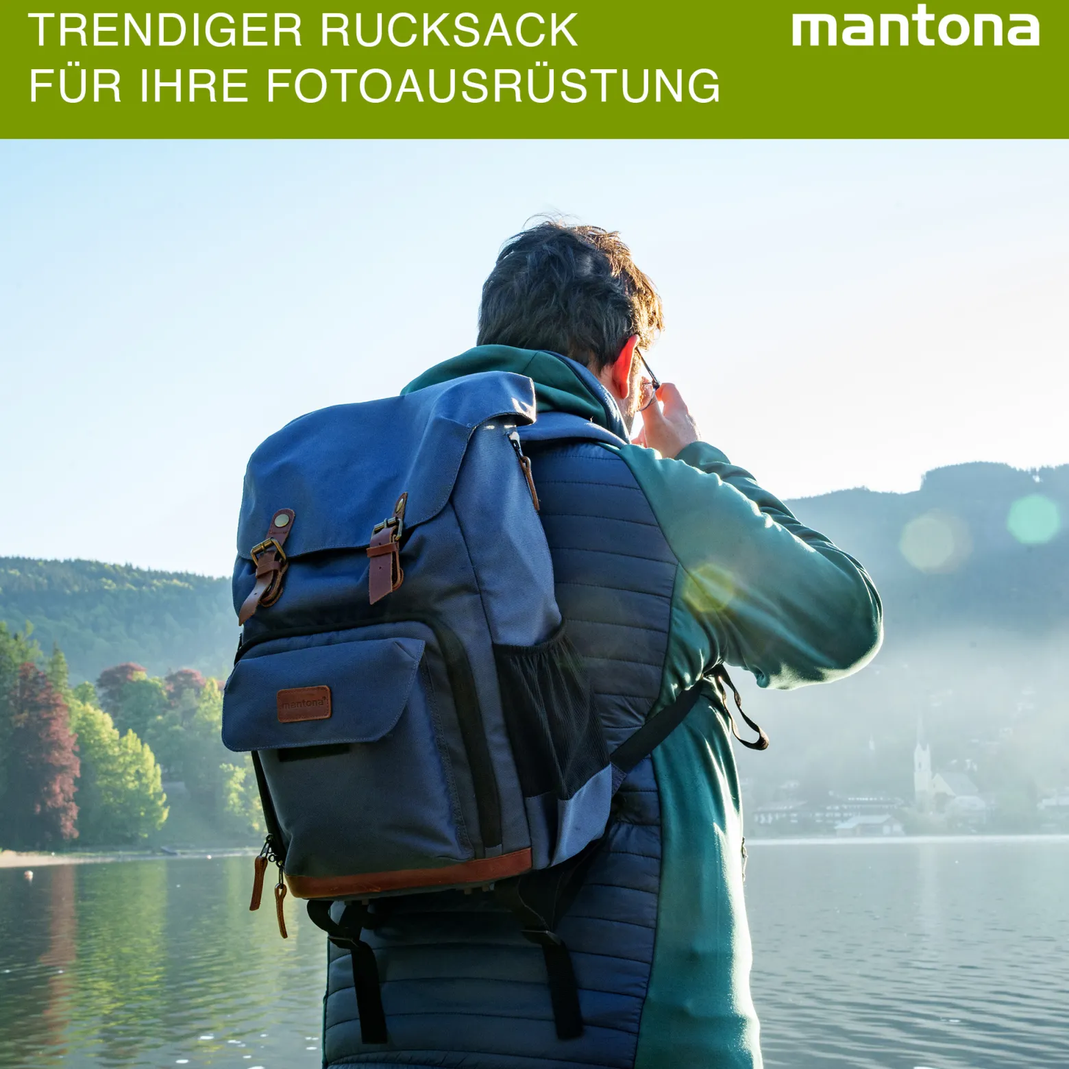 Mantona Luis junior Retro Fotorucksack blau mit Leder, Kamerarucksack inkl. Regenschutzhülle, Fototasche mit Laptopfach, Backpack geeignet für 1 x DSLR-Kamera, 1-2 Objektive und diverses Fotozubehör