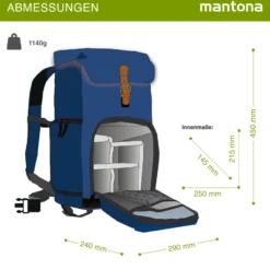 Mantona Luis junior Retro Fotorucksack blau mit Leder, Kamerarucksack inkl. Regenschutzhülle, Fototasche mit Laptopfach, Backpack geeignet für 1 x DSLR-Kamera, 1-2 Objektive und diverses Fotozubehör
