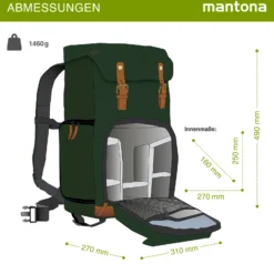 Mantona Luis Retro Fotorucksack grün mit Leder, Kamerarucksack inkl. Regenschutzhülle, Fototasche mit Laptopfach, Backpack geeignet für 1 x DSLR-Kamera, 3 x Objektive und diverses Fotozubehör