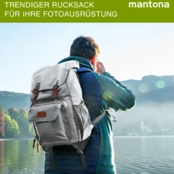 Mantona Luis Retro Fotorucksack grau mit Leder, Kamerarucksack inkl. Regenschutzhülle, Fototasche mit Laptopfach, Backpack geeignet für 1 x DSLR-Kamera, 3 x Objektive und diverses Fotozubehör