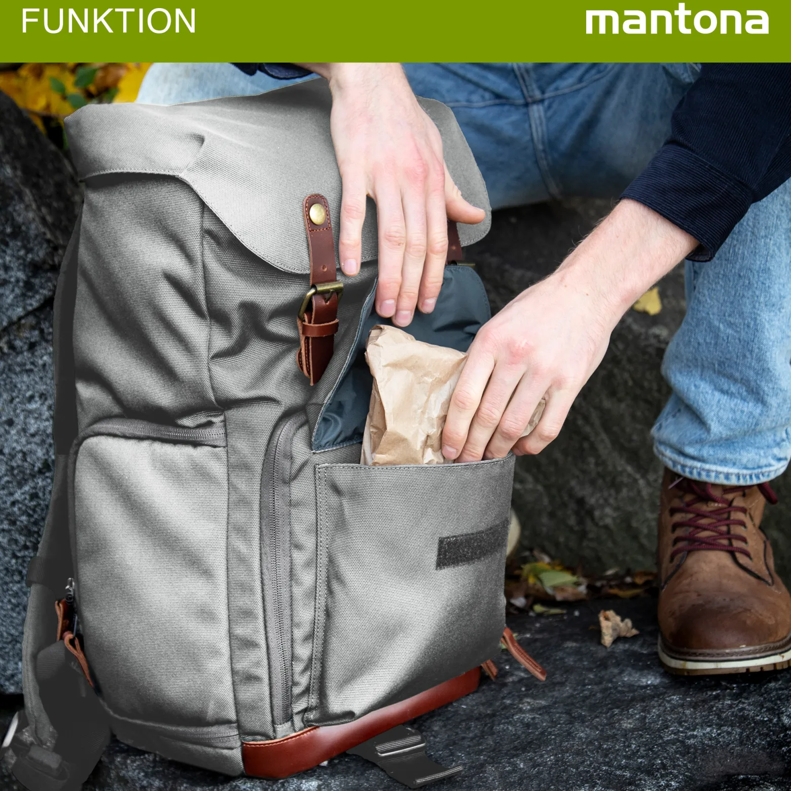 Mantona Luis Retro Fotorucksack grau mit Leder, Kamerarucksack inkl. Regenschutzhülle, Fototasche mit Laptopfach, Backpack geeignet für 1 x DSLR-Kamera, 3 x Objektive und diverses Fotozubehör