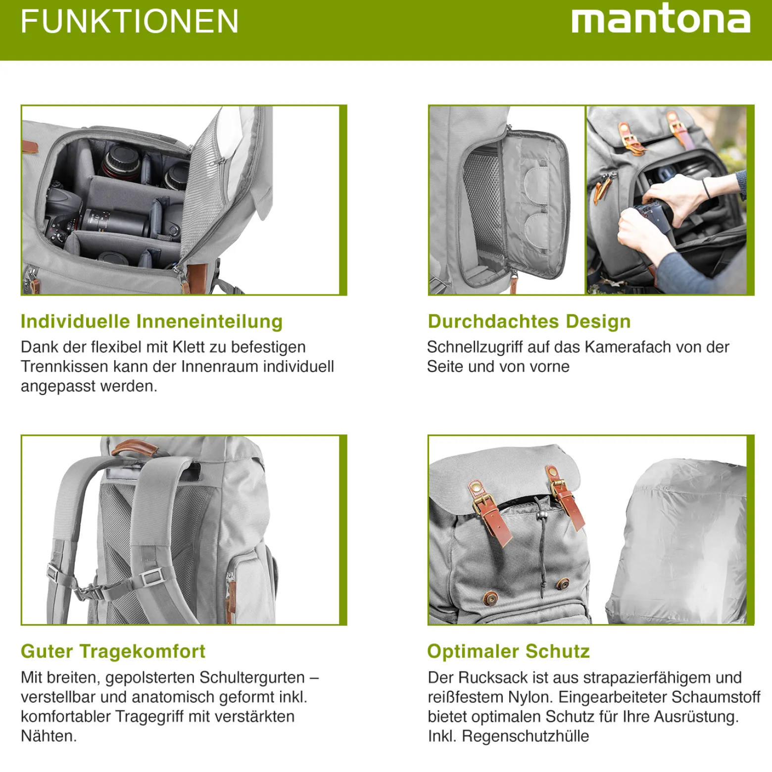 Mantona Luis Retro Fotorucksack grau mit Leder, Kamerarucksack inkl. Regenschutzhülle, Fototasche mit Laptopfach, Backpack geeignet für 1 x DSLR-Kamera, 3 x Objektive und diverses Fotozubehör