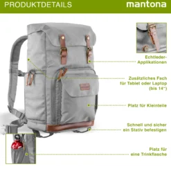 Mantona Luis Retro Fotorucksack grau mit Leder, Kamerarucksack inkl. Regenschutzhülle, Fototasche mit Laptopfach, Backpack geeignet für 1 x DSLR-Kamera, 3 x Objektive und diverses Fotozubehör