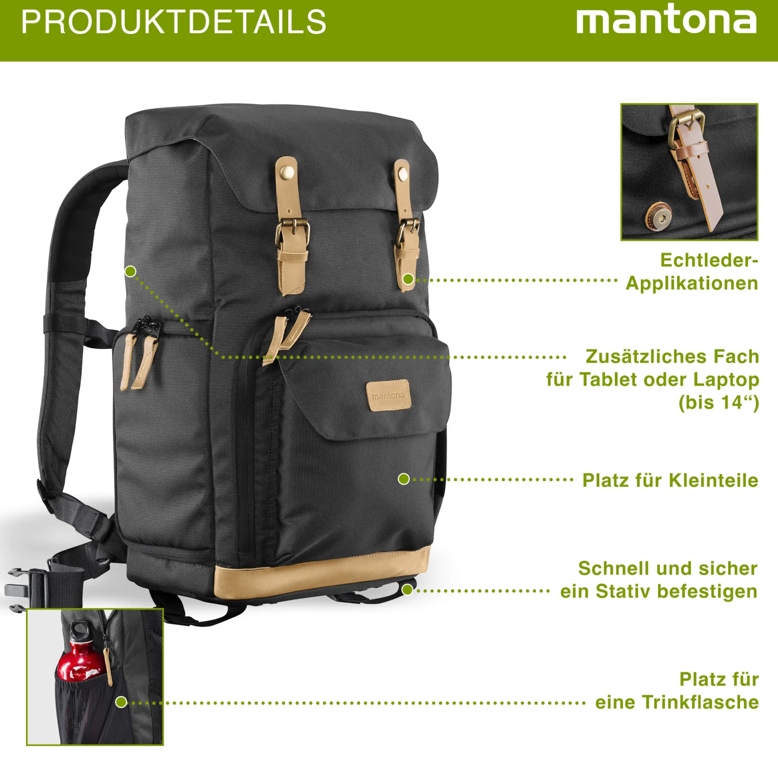 Mantona Luis Retro Fotorucksack schwarz mit Leder, Kamerarucksack inkl. Regenschutzhülle, Fototasche mit Laptopfach, Backpack geeignet für 1 x DSLR-Kamera, 3 x Objektive und diverses Fotozubehör