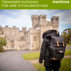 Mantona Luis Retro Fotorucksack schwarz mit Leder, Kamerarucksack inkl. Regenschutzhülle, Fototasche mit Laptopfach, Backpack geeignet für 1 x DSLR-Kamera, 3 x Objektive und diverses Fotozubehör