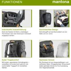 Mantona Luis Retro Fotorucksack schwarz mit Leder, Kamerarucksack inkl. Regenschutzhülle, Fototasche mit Laptopfach, Backpack geeignet für 1 x DSLR-Kamera, 3 x Objektive und diverses Fotozubehör