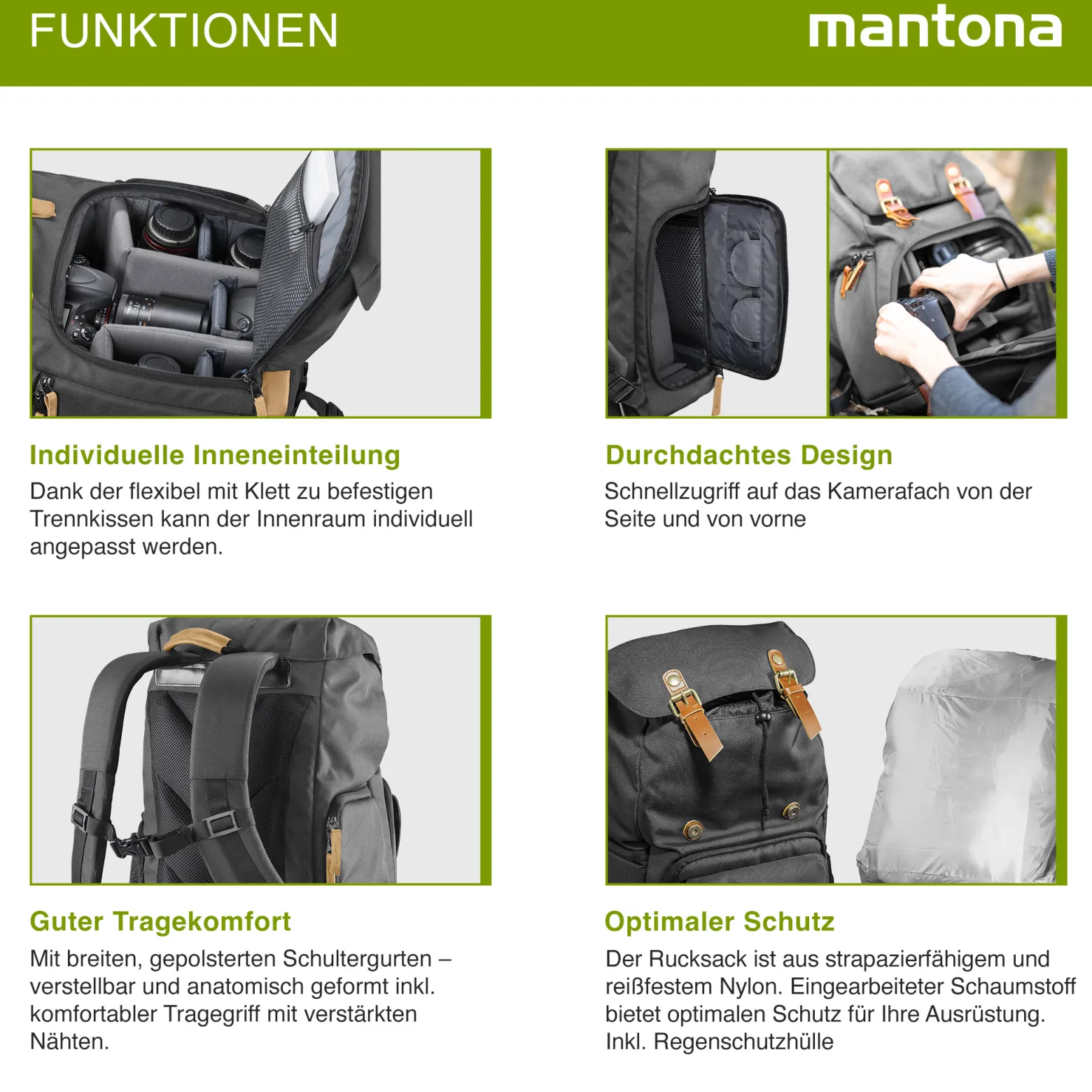 Mantona Luis Retro Fotorucksack schwarz mit Leder, Kamerarucksack inkl. Regenschutzhülle, Fototasche mit Laptopfach, Backpack geeignet für 1 x DSLR-Kamera, 3 x Objektive und diverses Fotozubehör