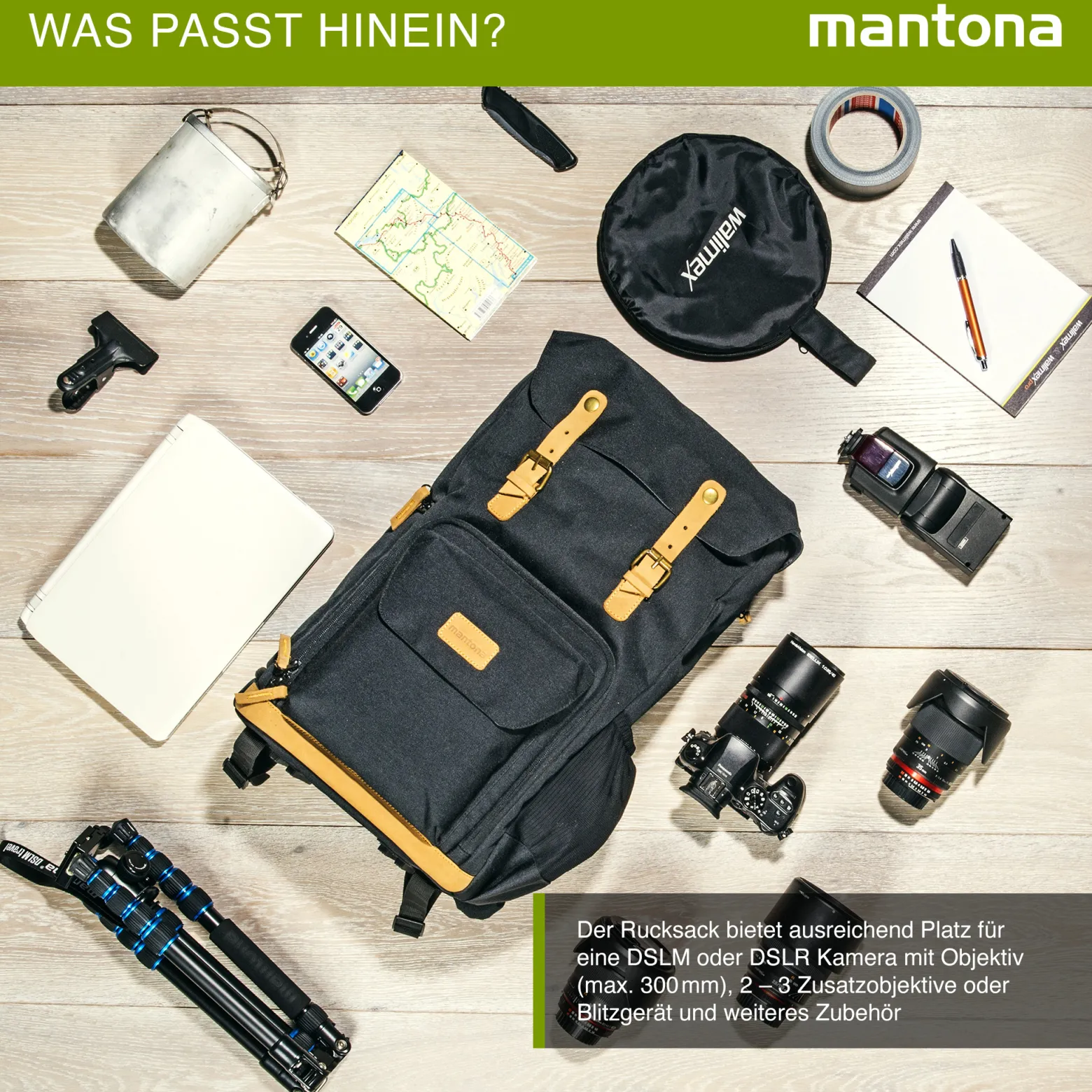 Mantona Luis Retro Fotorucksack schwarz mit Leder, Kamerarucksack inkl. Regenschutzhülle, Fototasche mit Laptopfach, Backpack geeignet für 1 x DSLR-Kamera, 3 x Objektive und diverses Fotozubehör