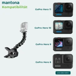 Mantona Maxi Auslegearm mit Klemme - 200 x 100 x 50 mm - bis 5 cm Breite - kompatibel mit GoPro Hero 11 10 9 8 7 6 5 4 3+ 3 2 1, Session und Action Cams - Video Foto