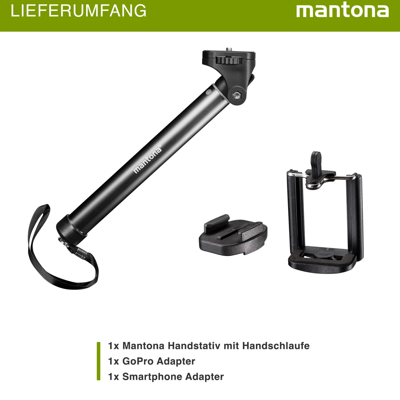 Mantona Mono-/Handstativ Selfy - 250 x 40 x 40 mm - kompatibel mit GoPro, Smartphone, Kompaktkamera u. a. - schwarz - Selfiestick Handystick Selfiestange für Fotografie und Videokameras