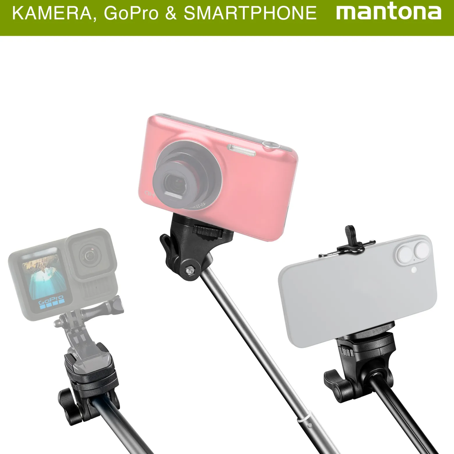 Mantona Mono-/Handstativ Selfy - 250 x 40 x 40 mm - kompatibel mit GoPro, Smartphone, Kompaktkamera u. a. - schwarz - Selfiestick Handystick Selfiestange für Fotografie und Videokameras