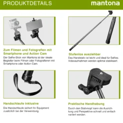 Mantona Mono-/Handstativ Selfy - 250 x 40 x 40 mm - kompatibel mit GoPro, Smartphone, Kompaktkamera u. a. - schwarz - Selfiestick Handystick Selfiestange für Fotografie und Videokameras