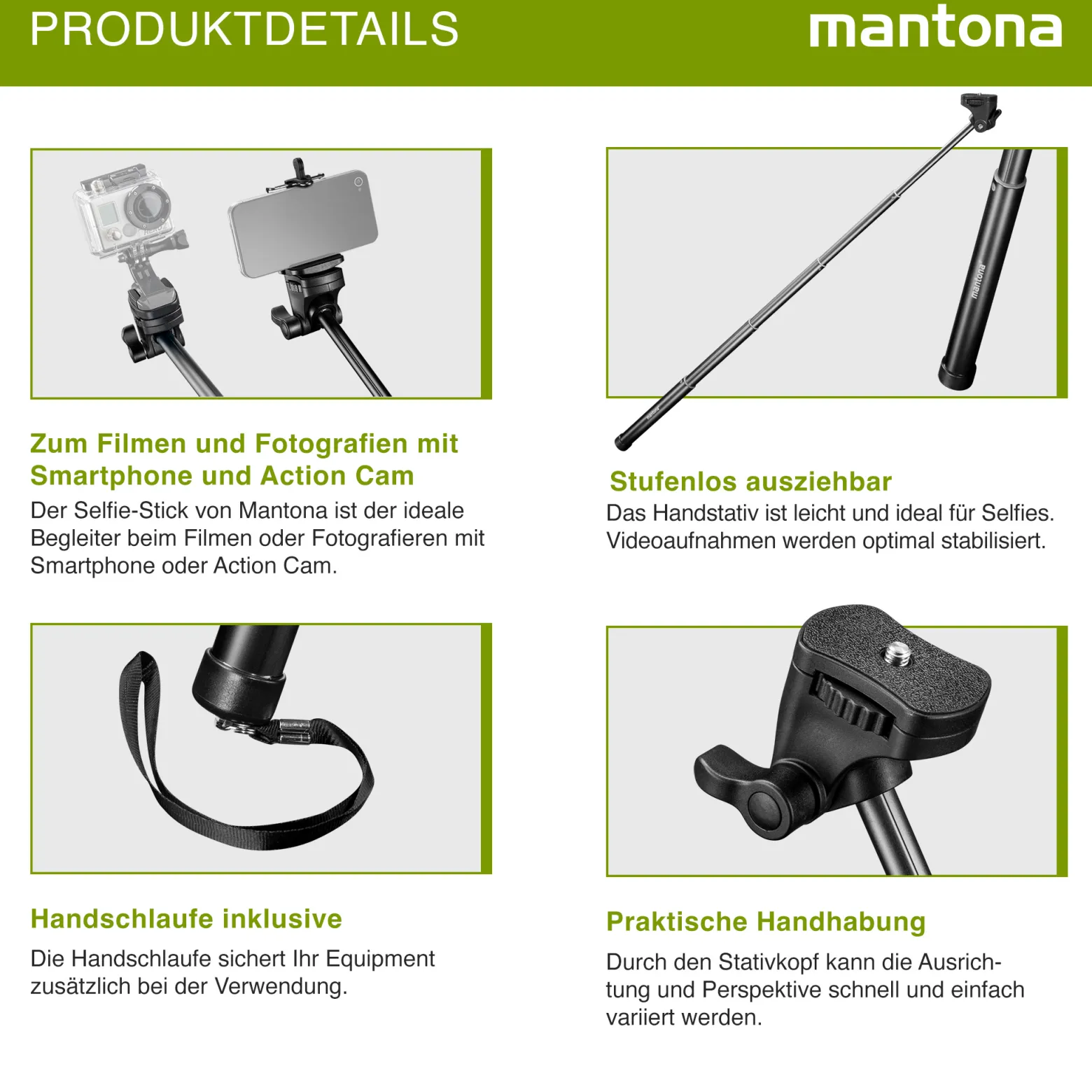 Mantona Mono-/Handstativ Selfy - 250 x 40 x 40 mm - kompatibel mit GoPro, Smartphone, Kompaktkamera u. a. - schwarz - Selfiestick Handystick Selfiestange für Fotografie und Videokameras