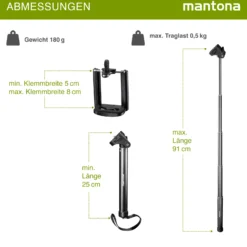 Mantona Mono-/Handstativ Selfy - 250 x 40 x 40 mm - kompatibel mit GoPro, Smartphone, Kompaktkamera u. a. - schwarz - Selfiestick Handystick Selfiestange für Fotografie und Videokameras