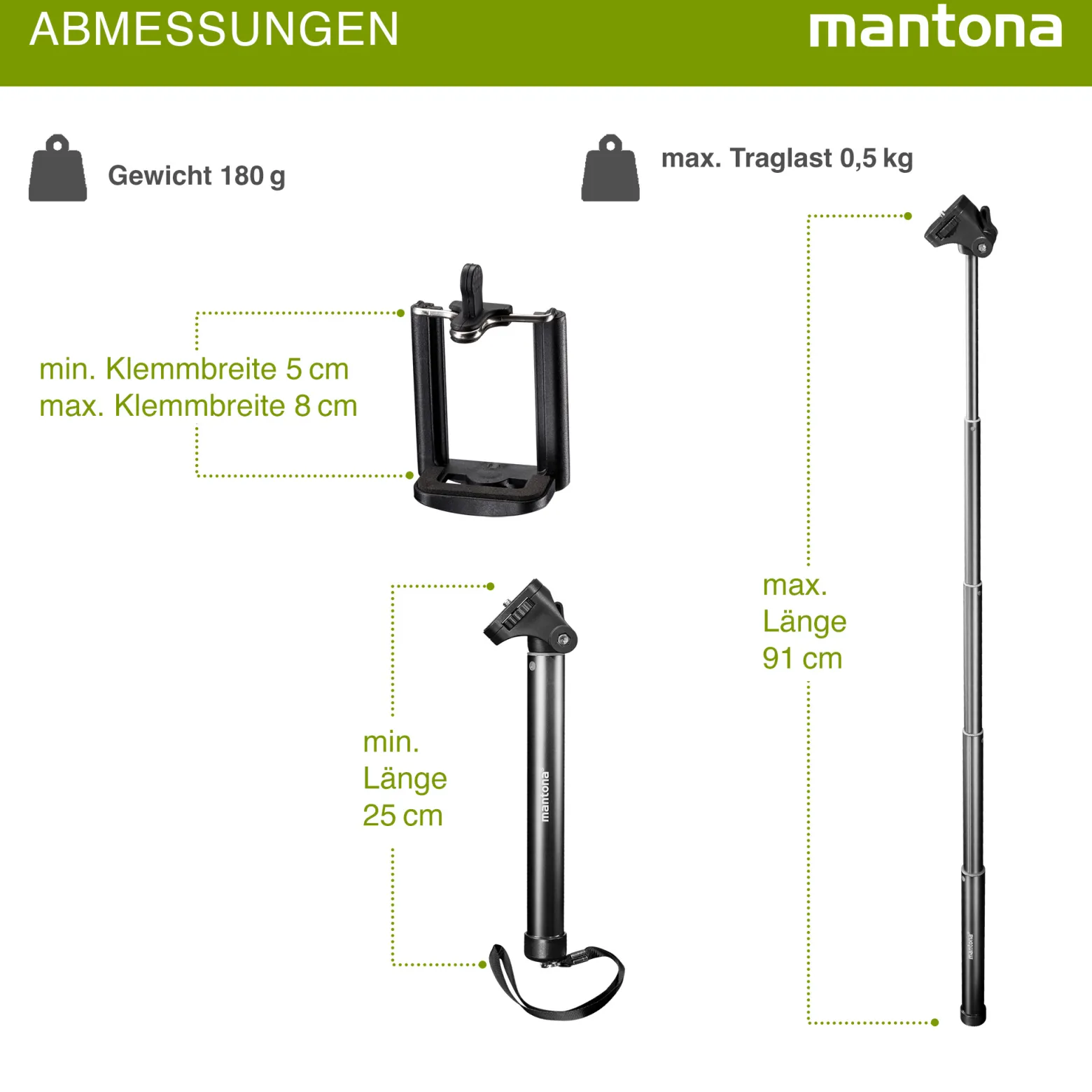 Mantona Mono-/Handstativ Selfy - 250 x 40 x 40 mm - kompatibel mit GoPro, Smartphone, Kompaktkamera u. a. - schwarz - Selfiestick Handystick Selfiestange für Fotografie und Videokameras