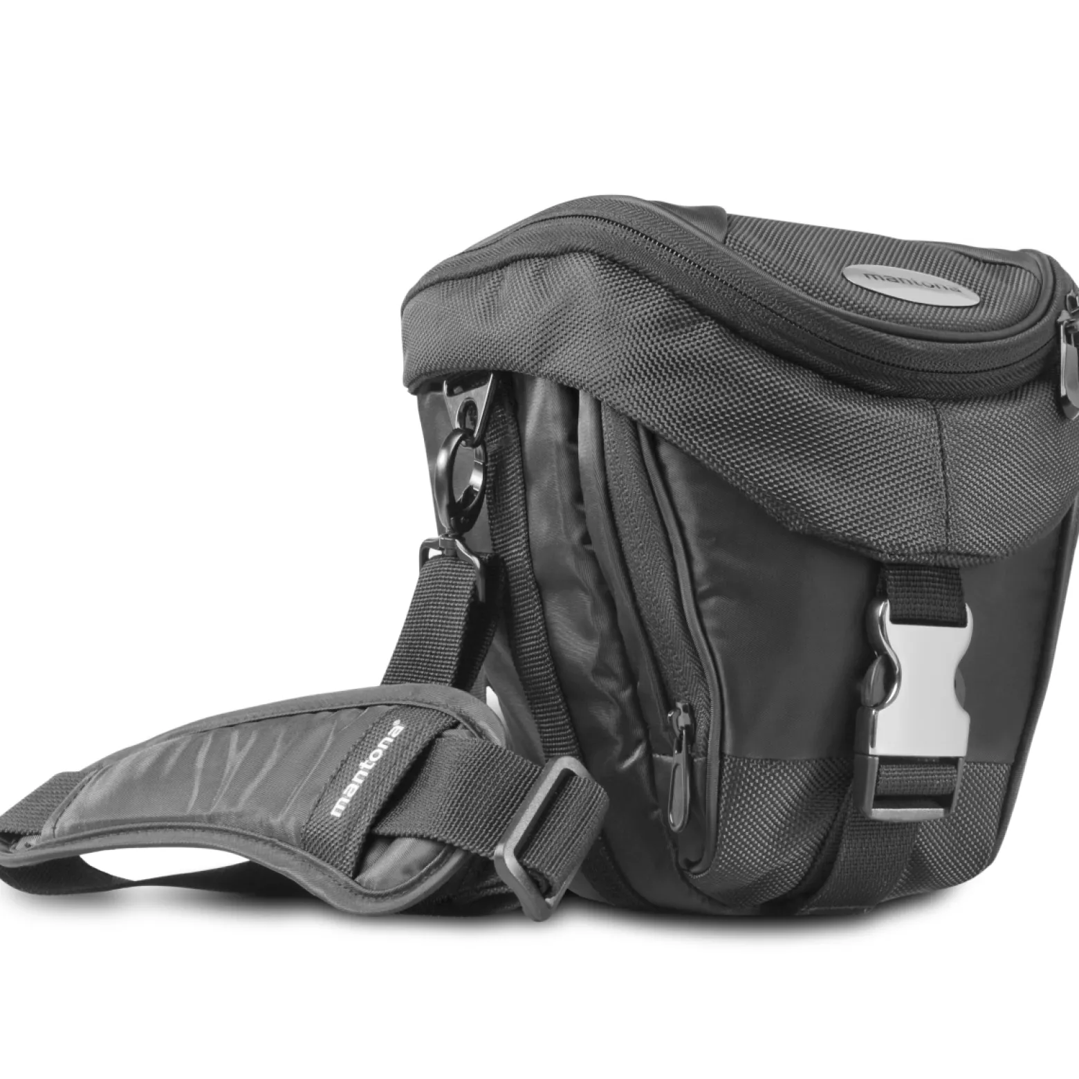 Mantona Neolit Colt Kameratasche schwarz/metallic – 220 x 200 x 140 mm – Outdoor mit Tragegurt, Polsterung, Schnellzugriff, Staubschutz, Fach – kompakt, leicht, wasserdicht – für DSLM und DSLR Kamera