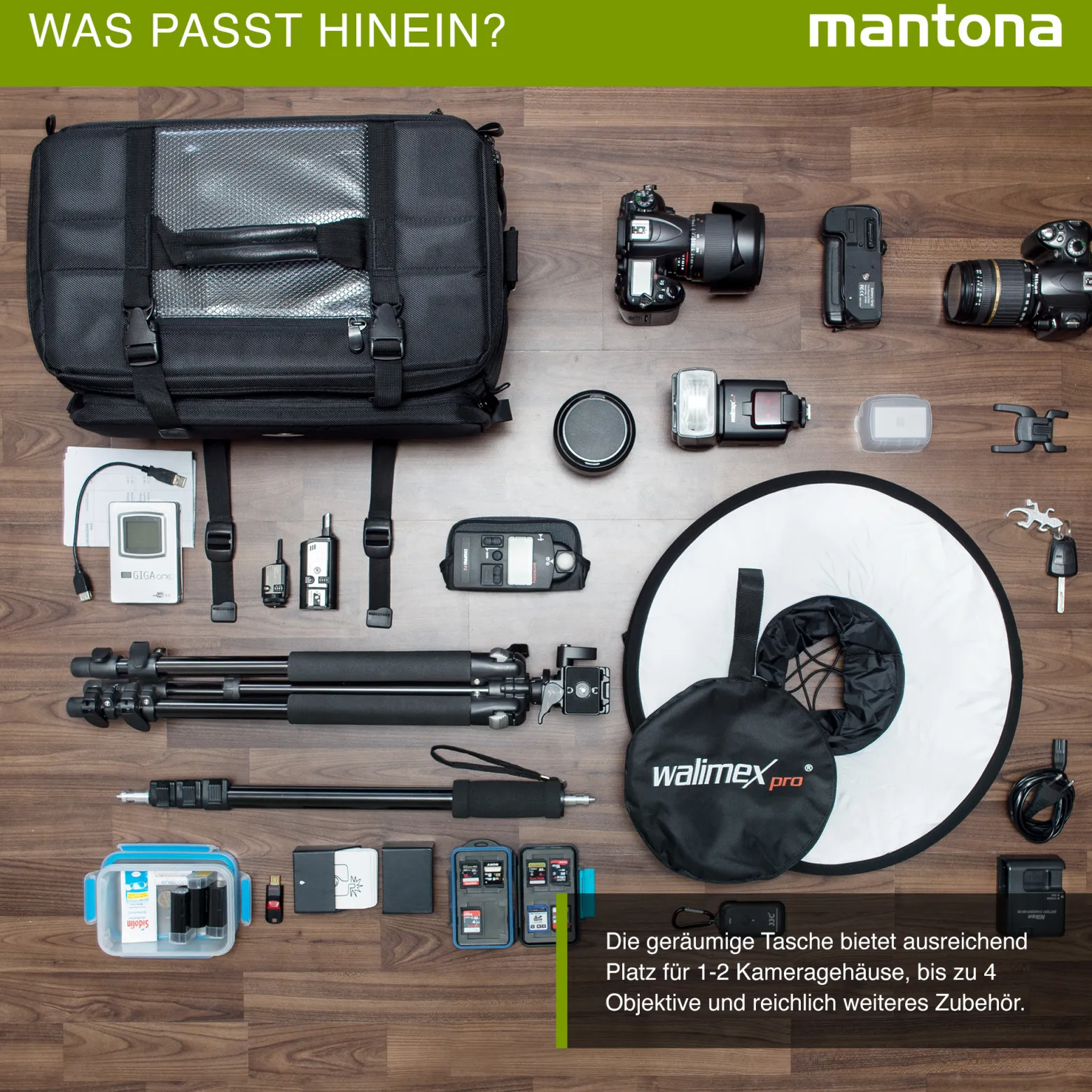 Mantona New York Kameratasche mit Innenaufteilung, Kamera Tasche für Objektive, Systemkameras, Spiegelreflex, Aufbewahrung für Kamera Zubehör, Fototasche mit Regenschutz und Tragegurt