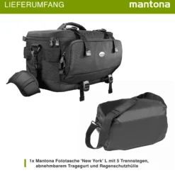 Mantona New York Kameratasche mit Innenaufteilung, Kamera Tasche für Objektive, Systemkameras, Spiegelreflex, Aufbewahrung für Kamera Zubehör, Fototasche mit Regenschutz und Tragegurt