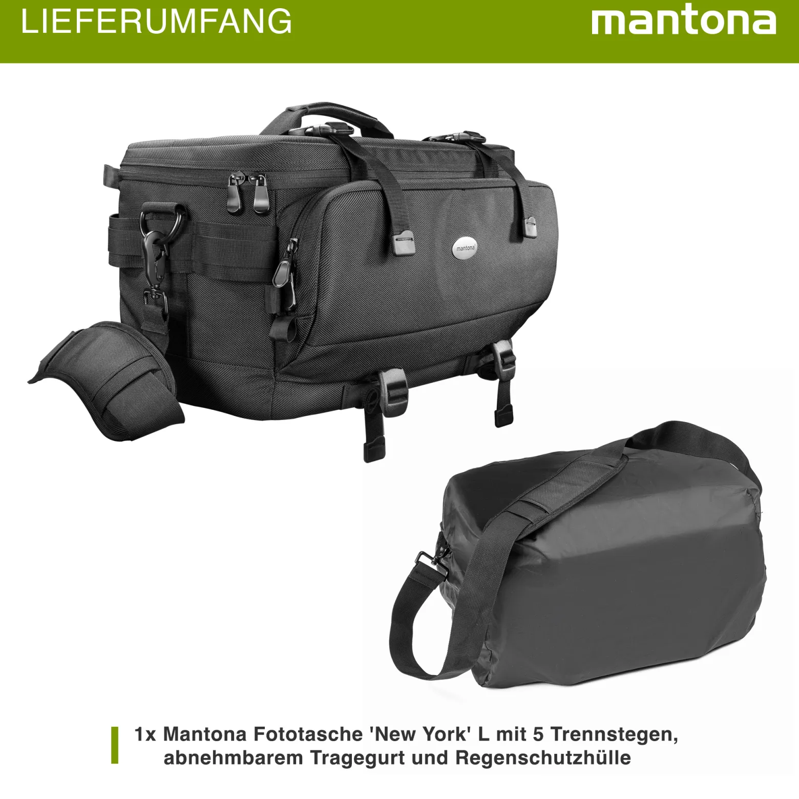Mantona New York Kameratasche mit Innenaufteilung, Kamera Tasche für Objektive, Systemkameras, Spiegelreflex, Aufbewahrung für Kamera Zubehör, Fototasche mit Regenschutz und Tragegurt