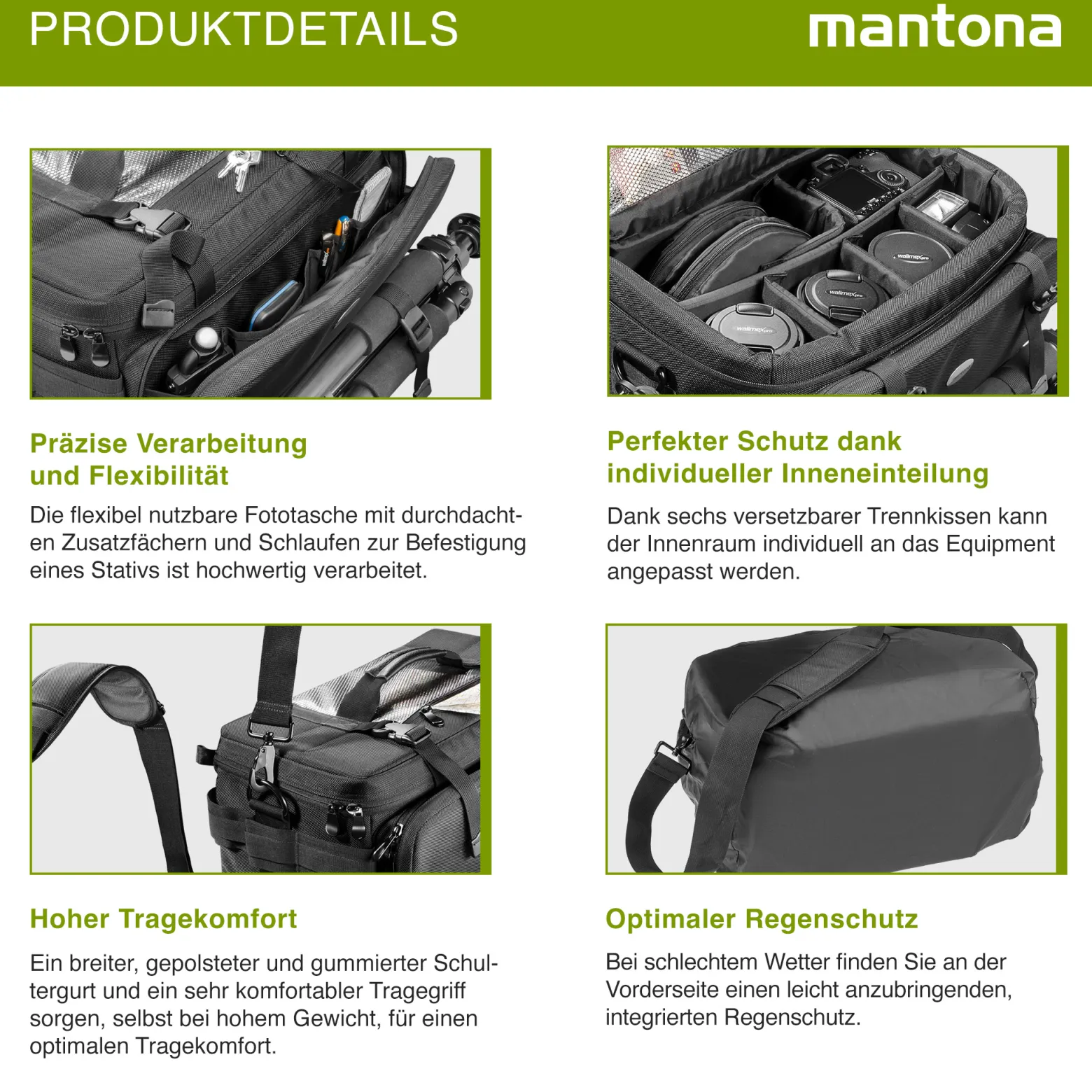 Mantona New York Kameratasche mit Innenaufteilung, Kamera Tasche für Objektive, Systemkameras, Spiegelreflex, Aufbewahrung für Kamera Zubehör, Fototasche mit Regenschutz und Tragegurt