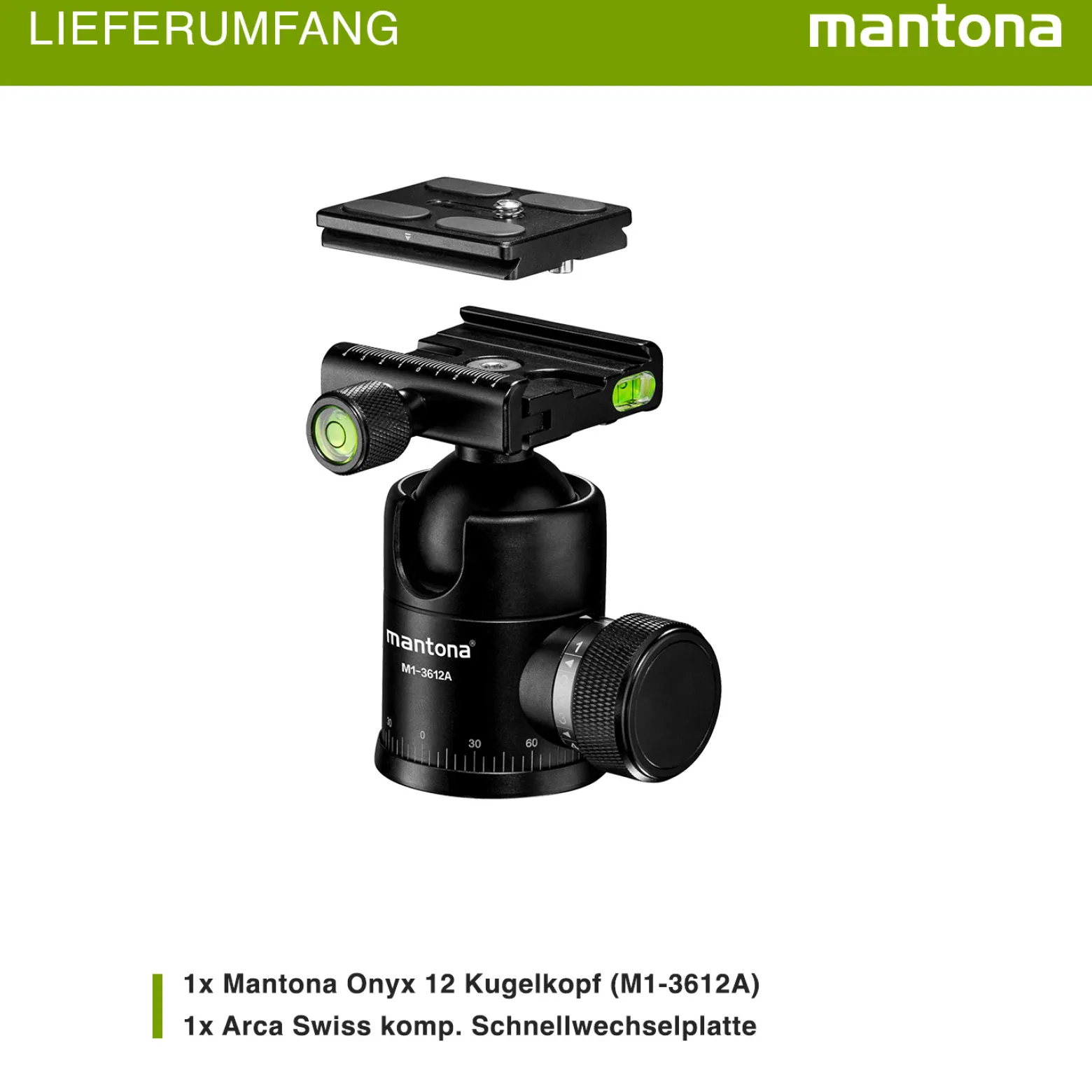 Mantona Onyx 12 Kugelkopf (M1-3612A), Stativkopf aus Aluminium mit Arca-Swiss kompatibler Schnellwechselplatte 50 mm, 360° Panorama-Funktion & 3 Wasserwaagen