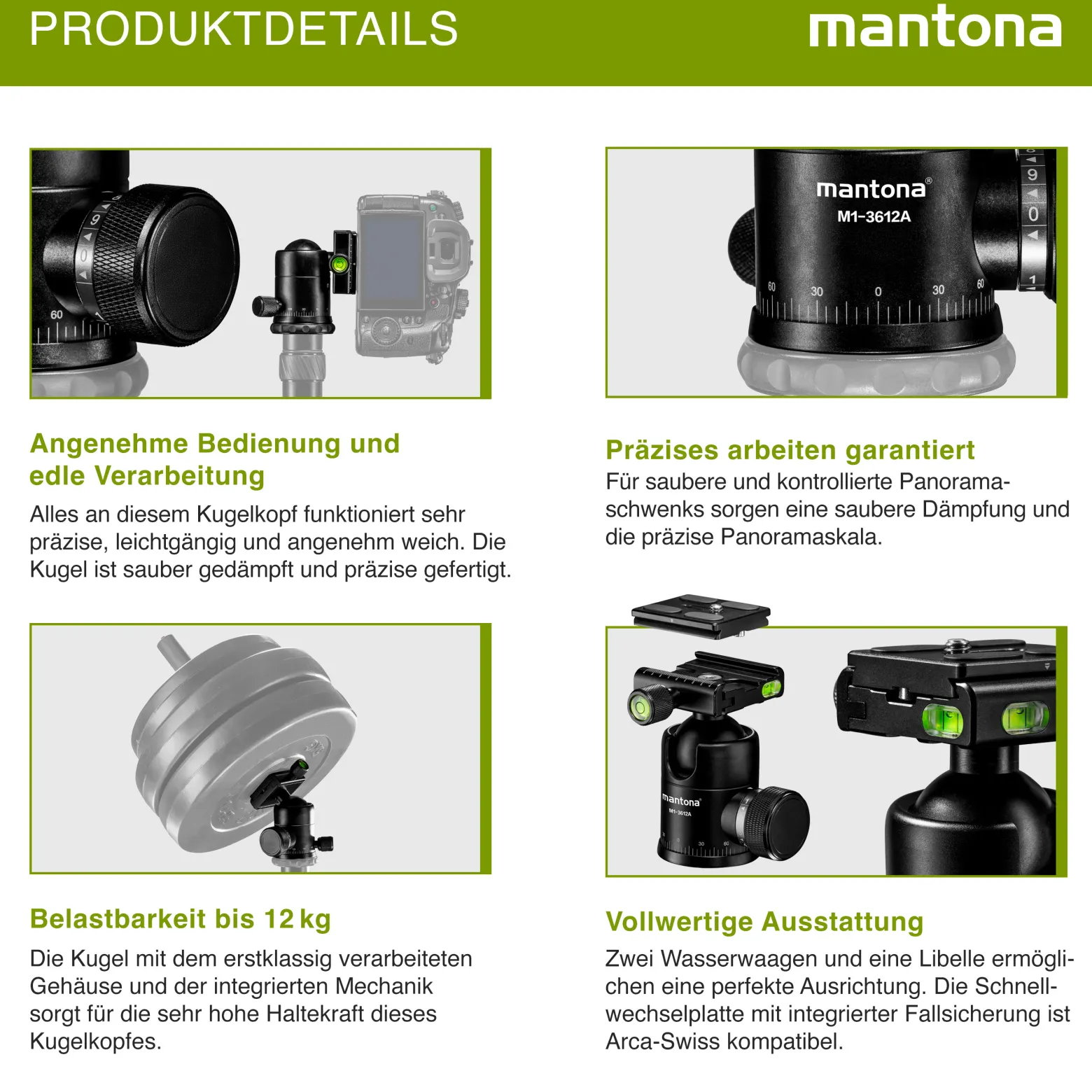 Mantona Onyx 12 Kugelkopf (M1-3612A), Stativkopf aus Aluminium mit Arca-Swiss kompatibler Schnellwechselplatte 50 mm, 360° Panorama-Funktion & 3 Wasserwaagen