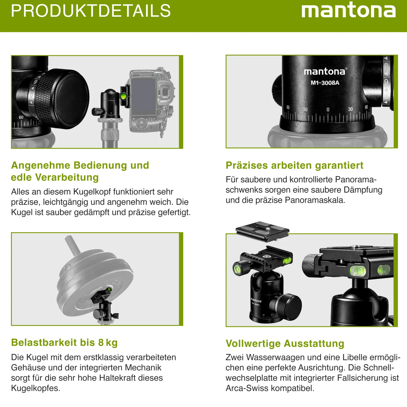 Mantona Onyx 8 Kugelkopf (M1-3008A), Stativkopf aus Aluminium mit Arca-Swiss kompatibler Schnellwechselplatte 50 mm, 360° Panorama-Funktion & 3 Wasserwaagen