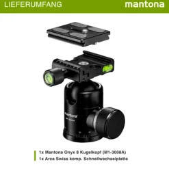 Mantona Onyx 8 Kugelkopf (M1-3008A), Stativkopf aus Aluminium mit Arca-Swiss kompatibler Schnellwechselplatte 50 mm, 360° Panorama-Funktion & 3 Wasserwaagen