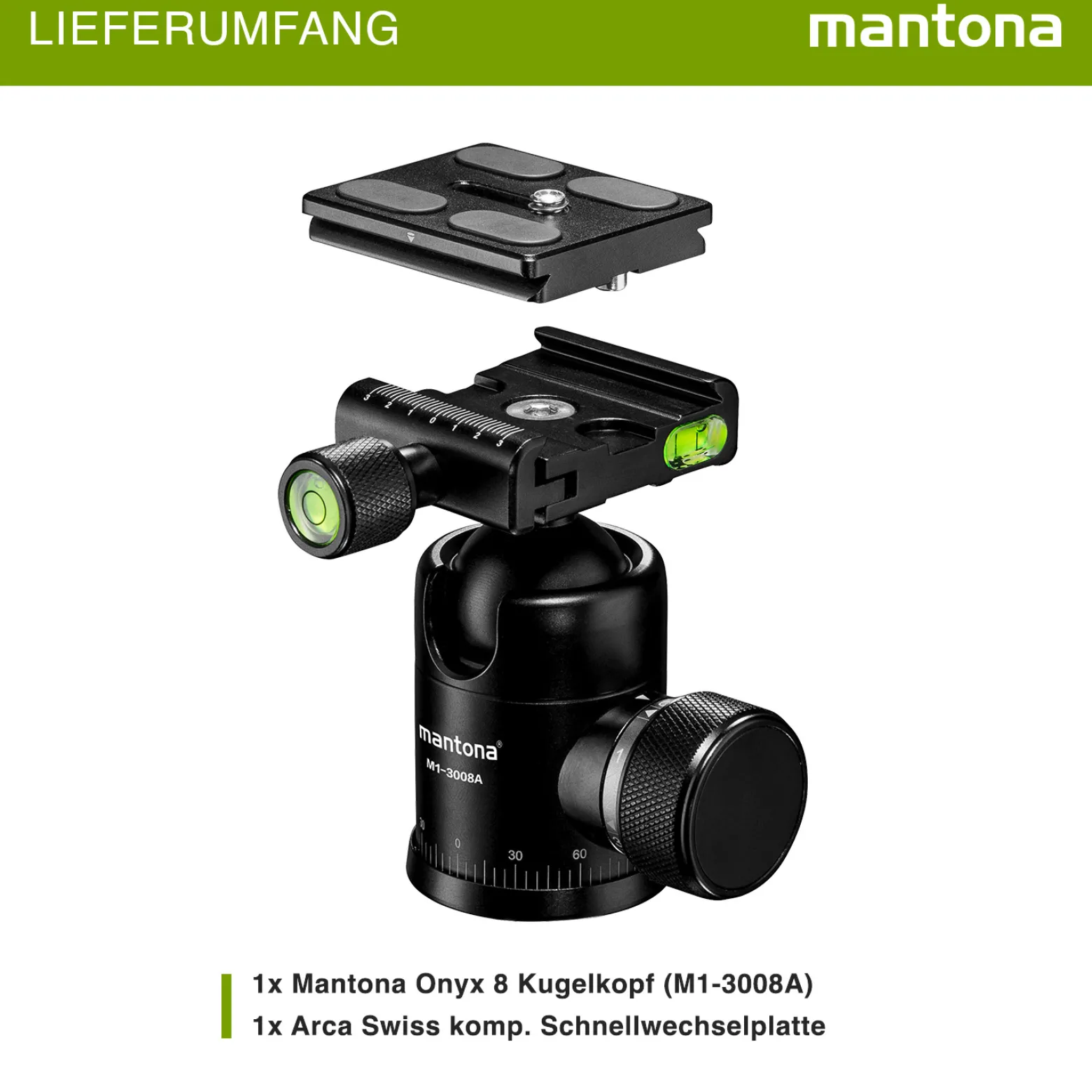 Mantona Onyx 8 Kugelkopf (M1-3008A), Stativkopf aus Aluminium mit Arca-Swiss kompatibler Schnellwechselplatte 50 mm, 360° Panorama-Funktion & 3 Wasserwaagen