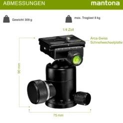 Mantona Onyx 8 Kugelkopf (M1-3008A), Stativkopf aus Aluminium mit Arca-Swiss kompatibler Schnellwechselplatte 50 mm, 360° Panorama-Funktion & 3 Wasserwaagen