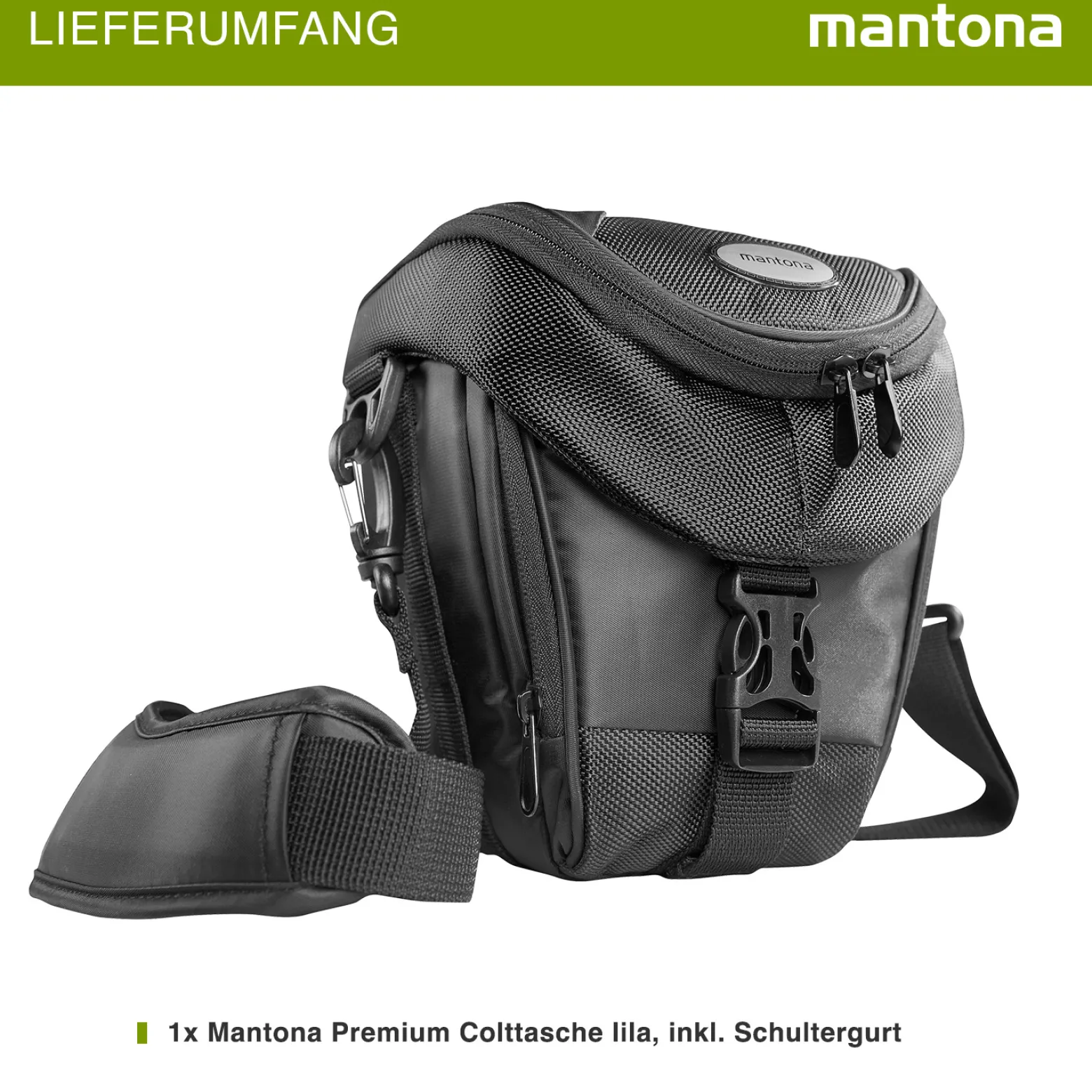 Mantona Premium Colt Schultertasche schwarz – 220 x 200 x 140 mm – Outdoor Kameratasche mit Tragegurt Polsterung Schnellzugriff Staubschutz Fach – kompakt, wasserdicht – für Spiegelreflex DSLR Kamera