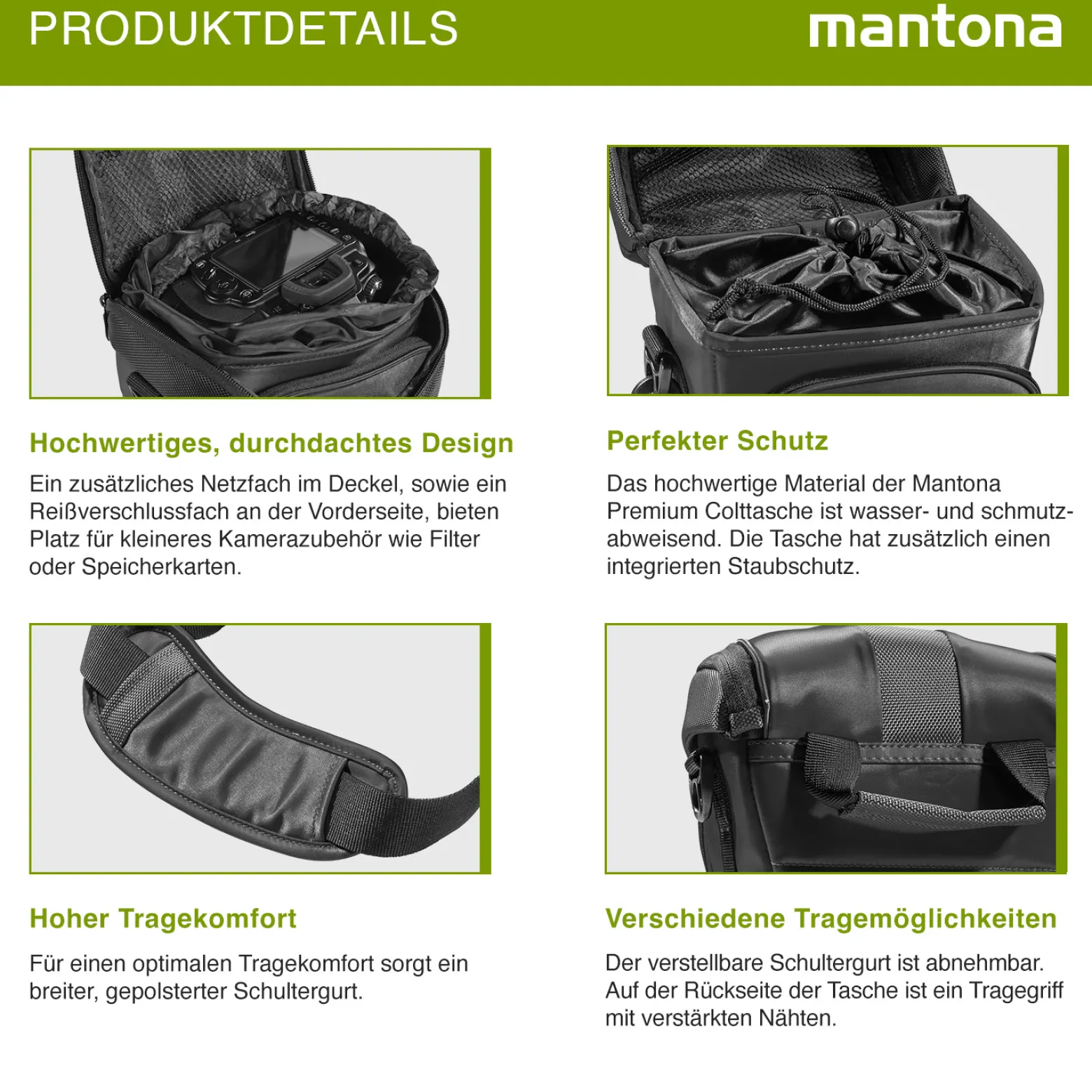 Mantona Premium Colt Schultertasche schwarz – 220 x 200 x 140 mm – Outdoor Kameratasche mit Tragegurt Polsterung Schnellzugriff Staubschutz Fach – kompakt, wasserdicht – für Spiegelreflex DSLR Kamera
