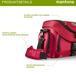 Mantona Premium Fototasche rot/schwarz, mit viel Stauraum, gepolstert mit Zusatzfächern, Umhängetasche für DSLM & DSLR Kameras, Aufbewahrungstasche für Kamera-Equipment