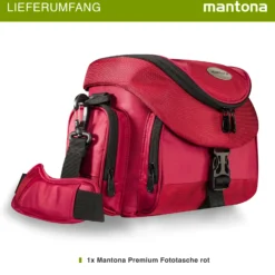 Mantona Premium Fototasche rot/schwarz, mit viel Stauraum, gepolstert mit Zusatzfächern, Umhängetasche für DSLM & DSLR Kameras, Aufbewahrungstasche für Kamera-Equipment