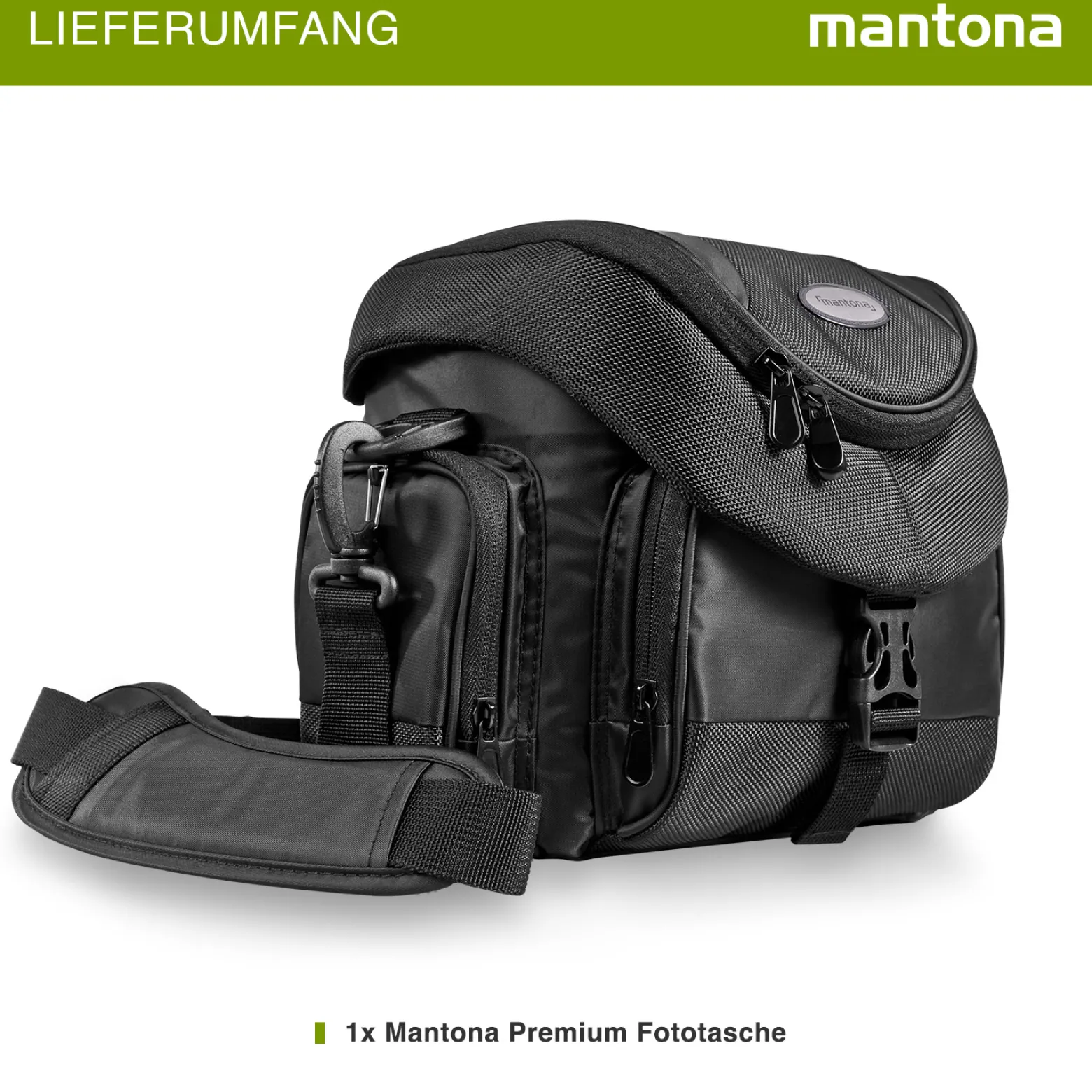 Mantona Premium Fototasche schwarz, wasserabweisend mit Staubschutz, Kamera Umhängetasche mit viel Stauraum, Fotoapparat Tasche mit Tragegurt und Zubehörfach