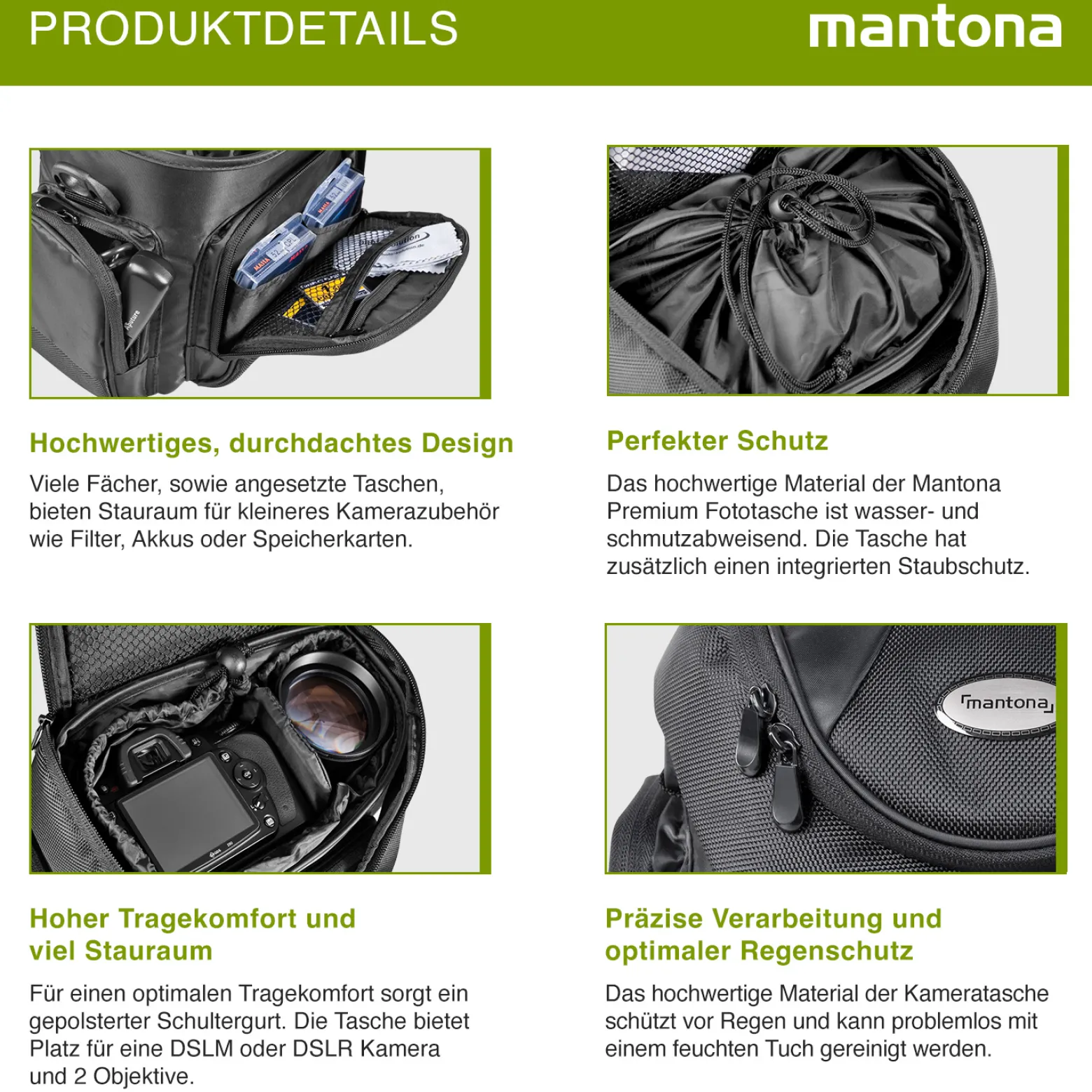 Mantona Premium Fototasche schwarz, wasserabweisend mit Staubschutz, Kamera Umhängetasche mit viel Stauraum, Fotoapparat Tasche mit Tragegurt und Zubehörfach