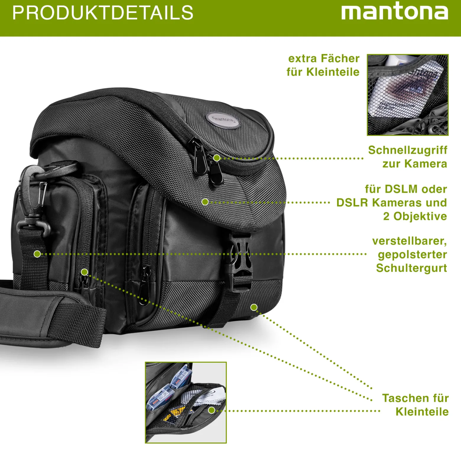 Mantona Premium Fototasche schwarz, wasserabweisend mit Staubschutz, Kamera Umhängetasche mit viel Stauraum, Fotoapparat Tasche mit Tragegurt und Zubehörfach