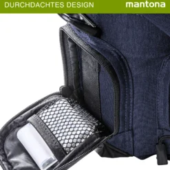 Mantona Premium Kameratasche - Passend für DSLR & DSLM Kameras mit Objektiv (inkl. Staubschutz, gepolstertem Schultergurt, Clipverschluss, anpassbarer Inneneinteilung) blau