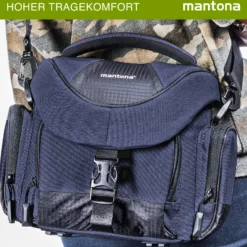 Mantona Premium Kameratasche - Passend für DSLR & DSLM Kameras mit Objektiv (inkl. Staubschutz, gepolstertem Schultergurt, Clipverschluss, anpassbarer Inneneinteilung) blau