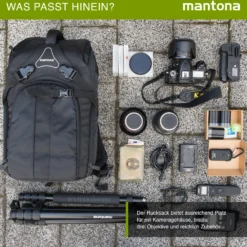 Mantona Rhodolit SLR-Kamerarucksack - Fototasche geeignet für SLR mit angesetztem Objektiv, weitere Objektive, Systemblitz und Zubehör, schwarze Kameratasche inkl. Regenschutz