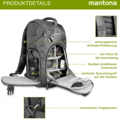 Mantona Rhodolit SLR-Kamerarucksack - Fototasche geeignet für SLR mit angesetztem Objektiv, weitere Objektive, Systemblitz und Zubehör, schwarze Kameratasche inkl. Regenschutz