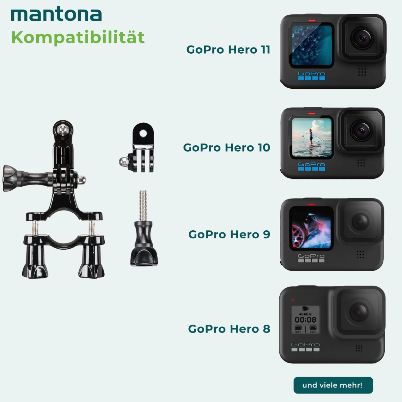 Mantona Rohrbefestigung inkl. Winkelstück - 100 x 55 x 15 mm - Rohr Ø bis 4 cm - kompatibel mit GoPro Hero 11 10 9 8 7 6 5 4 3+ - Fahrradhalterung