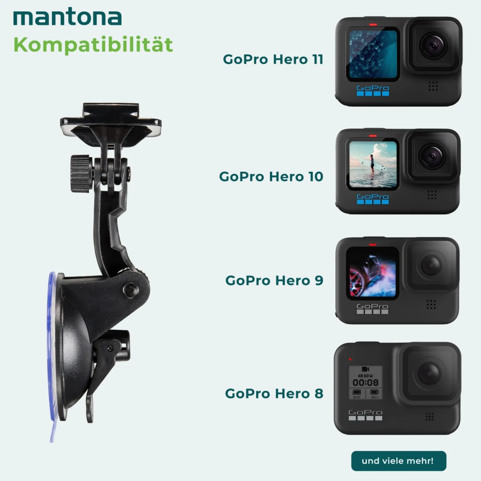 Mantona Saugnapfhalterung, Kamerhalterung mit 7-cm-Saugnapf, Stativ für Action Cam, Digital- & Kompaktkamera oder Smartphone, Autohalterung für kreative Aufnahmen