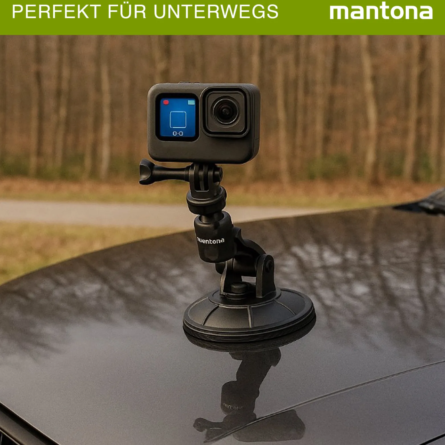 Mantona Saugnapfhalterung XL, Kamerhalterung mit 9-cm-Saugnapf, Stativ für Action Cam, Digital- & Kompaktkamera oder Smartphone, Autohalterung für kreative Aufnahmen