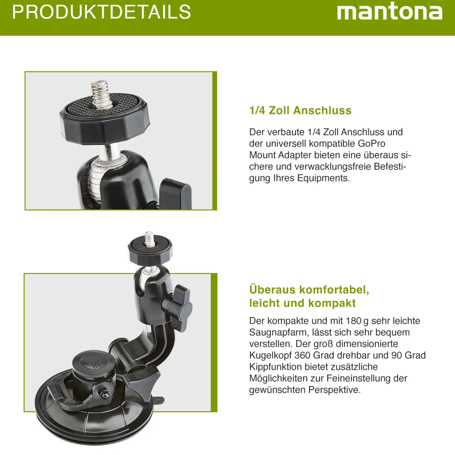 Mantona Saugnapfhalterung XL, Kamerhalterung mit 9-cm-Saugnapf, Stativ für Action Cam, Digital- & Kompaktkamera oder Smartphone, Autohalterung für kreative Aufnahmen