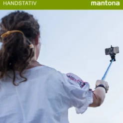 Mantona Selfy Mono-/Handstativ blau kompatibel mit GoPro Hero/Session/Smartphone/Kompaktkamera u. a.