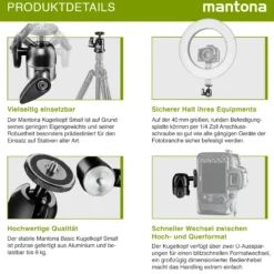 Mantona Small Kugelkopf für Stativ 360°, Stativkopf 1/4'' Kameraanschluss und 3/8'' Anschlussgewinde, mit Gewindeadapter für Kameras und Zubehör